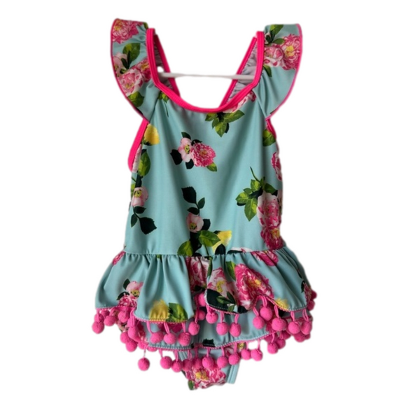 Betsey Johnson Other - Betsey Johnson Ruffle Pom Pom Floral One Piece Girls Swimsuit